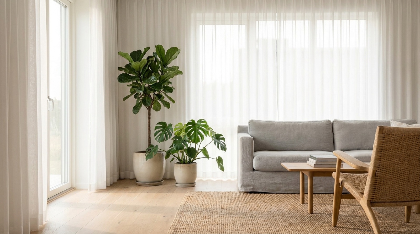 A bright, airy modern living room with sheer curtains, houseplants, and soft natural light — balanced fresh air at home.