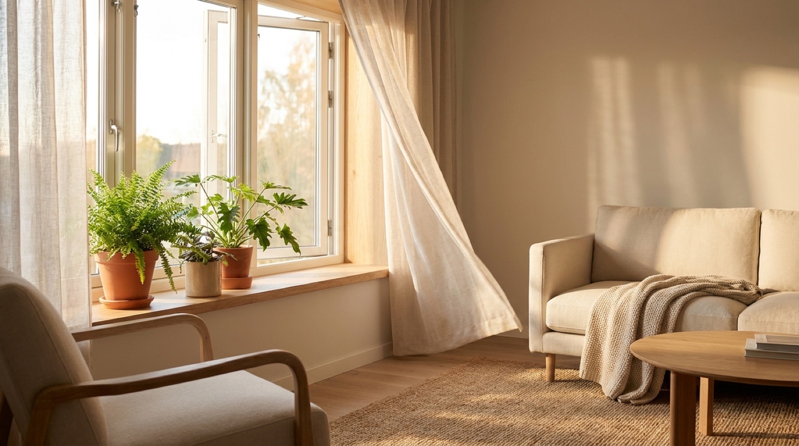 A sunlit living room with an open window and a sheer curtain lifting in a fresh breeze, houseplants on the sill.