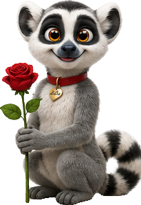 Lulu the Fresh Air Lemur smiling and holding a single red rose.