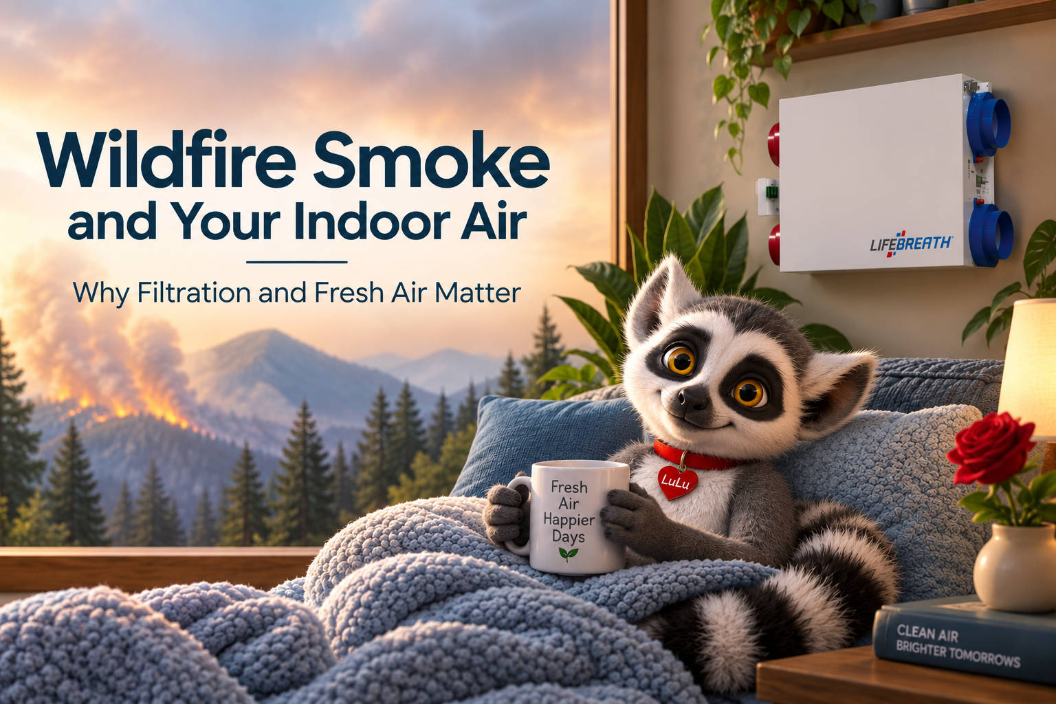 LuLu the lemur wrapped in a blanket indoors with a wall-mounted LifeBreath ERV unit and blue duct collars behind her, while a wildfire burns on the forested ridge outside the window