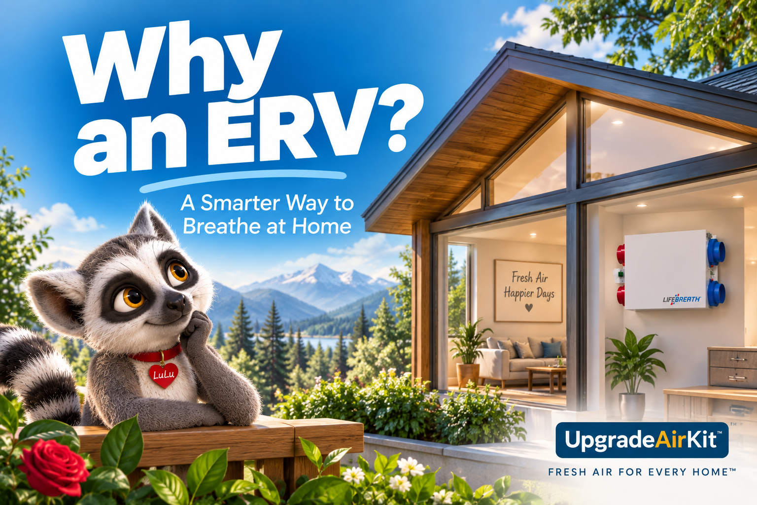A modern home interior showing fresh air flowing through rooms, with an ERV system core visible