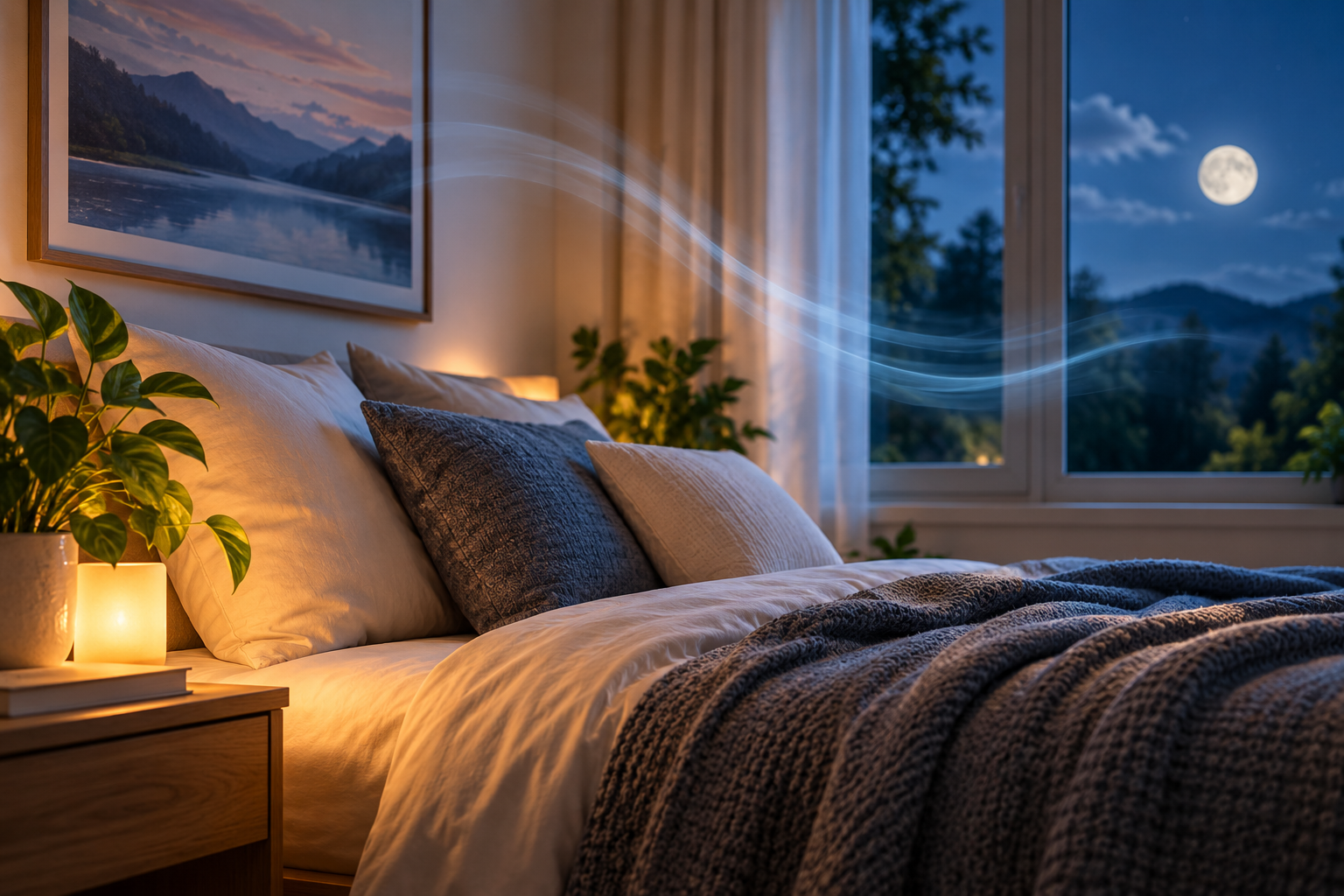 A peaceful bedroom with soft morning light, showing a balanced ERV system's quiet operation improving sleep comfort through stable temperature and fresh air