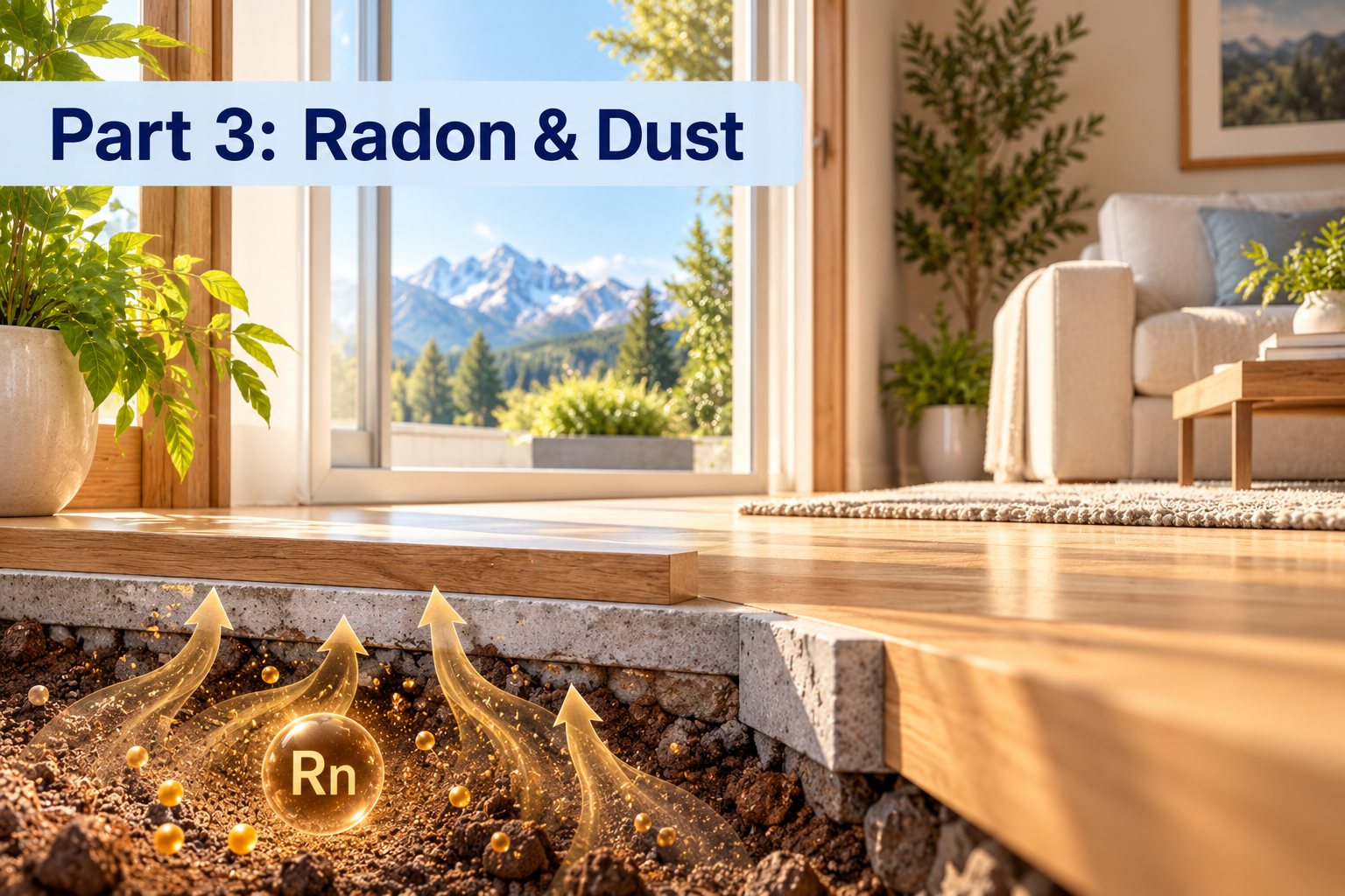 Microscopic view of dust particles with radon decay products clinging to them, illustrating how filtration captures these radioactive particles